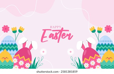 Cute Happy Easter Celebration Background with Various Colorful Painted Easter Eggs, Bunny, and Chick. Design for Season Greetings, Wallpaper, Posters, Banners, Cards, Invitations, and Many More.