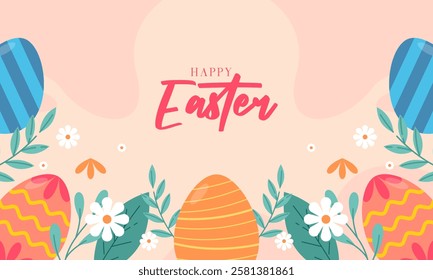 Cute Happy Easter Celebration Background with Various Colorful Painted Easter Eggs, Bunny, and Chick. Design for Season Greetings, Wallpaper, Posters, Banners, Cards, Invitations, and Many More.