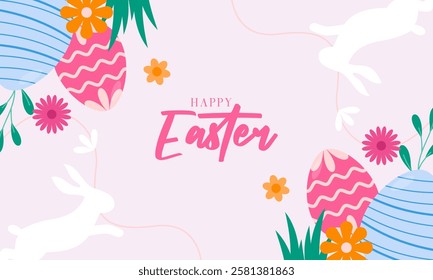 Cute Happy Easter Celebration Background with Various Colorful Painted Easter Eggs, Bunny, and Chick. Design for Season Greetings, Wallpaper, Posters, Banners, Cards, Invitations, and Many More.