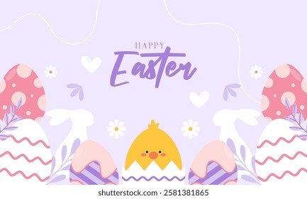 Cute Happy Easter Celebration Background with Various Colorful Painted Easter Eggs, Bunny, and Chick. Design for Season Greetings, Wallpaper, Posters, Banners, Cards, Invitations, and Many More.