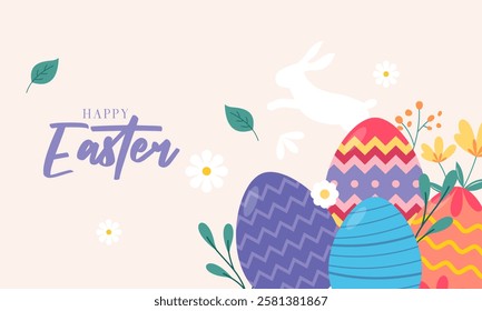 Cute Happy Easter Celebration Background with Various Colorful Painted Easter Eggs, Bunny, and Chick. Design for Season Greetings, Wallpaper, Posters, Banners, Cards, Invitations, and Many More.