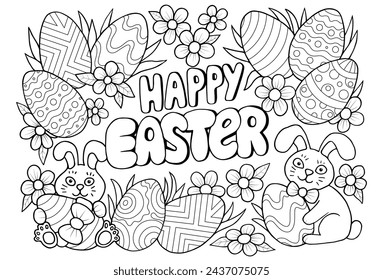 Cute Happy Easter coloring book page with Easter bunny, eggs, and flowers. Antistress Easter coloring book page for adults.