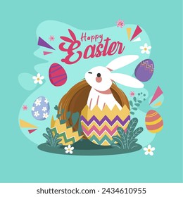 Cute Happy Easter Day Concept. Easter banner and greeting card with bunny in the eggs. Selamat Paskah 2024. Vector Illustration