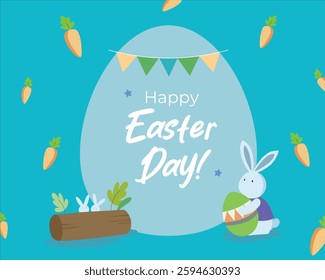 Cute happy easter day greeting card template with blue background for card, poster, email banner, flyer. Modern and simple design
