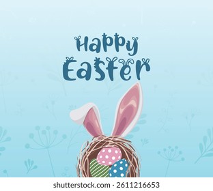 Cute Happy Easter design with bunny ears, colorful eggs in a nest, and floral background. Perfect for spring greeting cards, invitations, or seasonal promotions.