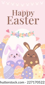 Cute happy easter egg bunny couple surround with paint colorful eggs illustration.