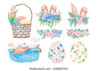 Cute happy easter elements set. Vector illustration.