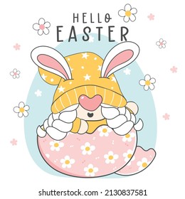 Cute Happy Easter Gnome with bunny ears cartoon character hand drawing illustration.