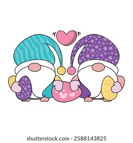 Cute Happy Easter Gnome Couple Illustration  Holding Easter Eggs in Pastel Shades of Pink, Yellow, and Purple