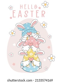 Cute Happy Easter Gnomes with bunny ears in egg cartoon character hand drawing illustration.