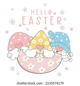 Cute Happy Easter Gnomes in floral egg cartoon character hand drawing illustration.