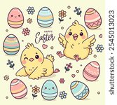 cute happy easter greeting card with funny chicks, flowers, easter eggs and greeting hand lettering. flat vector illustration isolated