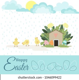 Cute Happy Easter greeting card with chiken, small house, flowers, eggs, clouds  and rain. Vector illustration EPS8