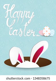 Cute Happy Easter greeting card with bunny ears on Seamless pattern Easter eggs background