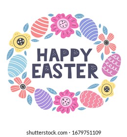 Cute Happy Easter greeting card decorated by doodle flowers, eggs and floral elements. Happy easter paper cut logo. Cute easter for kids design. Vector eps 10