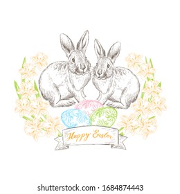 Cute Happy Easter greeting card with two rabbits, eggs and flowers. Vector illustration.
