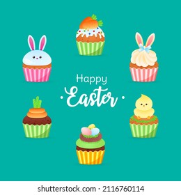 Cute Happy Easter greeting card. Collection of cartoon illustrations of cupcakes decorated with glaze, birds, bunny ears, eggs, marzipan carrots and colorful sprinkles. Vector 10 EPS.