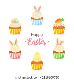 Cute Happy Easter greeting card. Collection of cartoon illustrations of six cupcakes decorated with glaze, chicken of cream, bunny ears, chocolate eggs, marzipan carrots and colorful sprinkles.