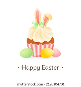 Cute Happy Easter greeting card. Gentle cartoon illustration of colorful eggs and a cupcake decorated with bunny ears. Vector 10 EPS.