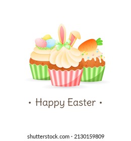 Cute Happy Easter Greeting Card. Bright Cartoon Illustration Of Cupcakes Decorated With Bunny Ears, Colorful Chocolate Eggs And Marzipan Carrot. Vector 10 EPS.