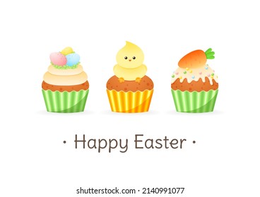 Cute Happy Easter greeting card with cupcakes. Bright cartoon illustration of three sweet muffins decorated with eggs in the nest, little bird and carrot. Vector 10 EPS.
