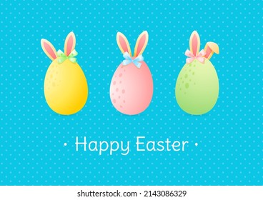 Cute Happy Easter greeting card. Bright cartoon illustration of three colorful eggs decorated with bunny ears and ribbons. Vector 10 EPS.