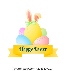 Cute Happy Easter greeting card. Bright cartoon illustration of three colorful eggs decorated with bunny ears and ribbons on white background. Vector 10 EPS.