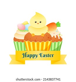 Cute Happy Easter greeting card with cupcakes. Bright cartoon illustration of three sweet muffins decorated with eggs in the nest, little bird and carrot. Vector 10 EPS.