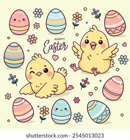 cute happy easter greeting card with funny chicks, flowers, easter eggs and greeting hand lettering. flat vector illustration isolated