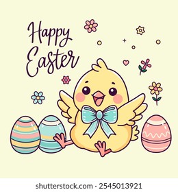 cute happy easter greeting card with funny chick, flowers, easter eggs and greeting hand lettering. flat vector illustration isolated