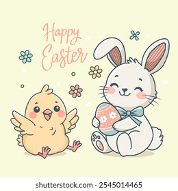 cute happy easter greeting card with funny chick, easter bunny, flowers, easter eggs and greeting hand lettering. flat vector illustration isolated