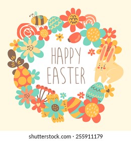 Cute Happy Easter greeting card with flowers, Easter rabbit and a bee. Vector illustration.