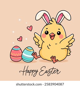 cute happy easter greeting card with funny chick, flowers, easter eggs and greeting hand lettering. flat vector illustration isolated