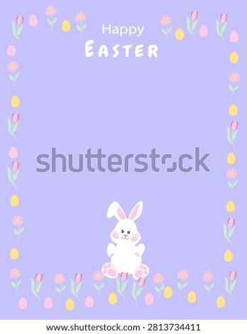Cute Happy Easter Greeting Card Template with Bunny, Floral Border and Copy Space