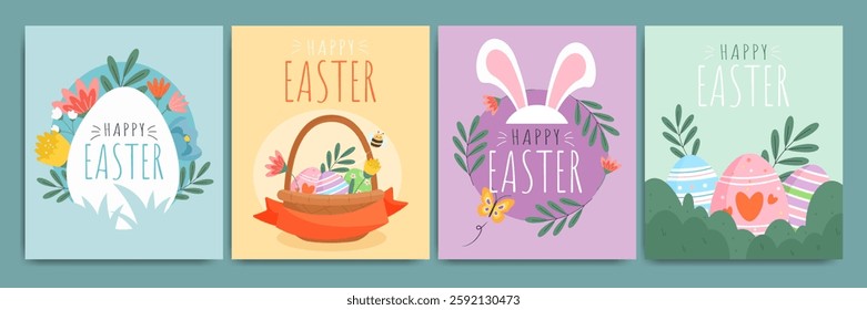 Cute Happy Easter greeting cards collection with bunny, eggs and spring flowers. Festive holiday design for posters and invitations.