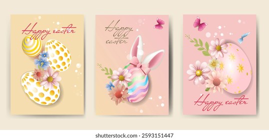 Cute Happy Easter greeting cards . Easter eggs and flowers on pastel backgrounds
