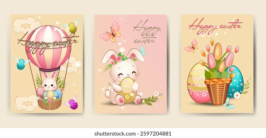 Cute Happy Easter greeting cards . Easter eggs and flowers on pastel backgrounds
