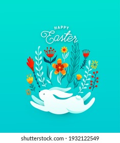 Cute happy easter greeting vector illustration. Funny white easter bunny jump under flowers, leaves and floral elements, decorated in egg shape. Text celebration sign. Isolated on blue background.