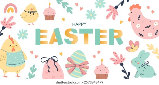 Cute Happy Easter horizontal banner
