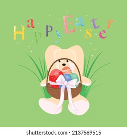 Cute Happy Easter lettering. Greeting card with Easter bunny holding a basket with colorful eggs. cartoon vector illustration