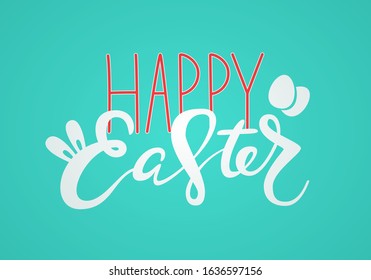 Cute Happy Easter lettering quote with bunny ears and eggs decoration, hand written with ink brush. Vector illustration