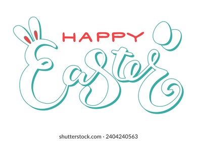 Cute Happy Easter lettering quote with bunny ears decoration, hand written with ink brush. Vector illustration