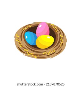 Cute Happy Easter nest with colorful eggs.Vector illustration isolated on white background.For Easter cards,stickers,prints,others.