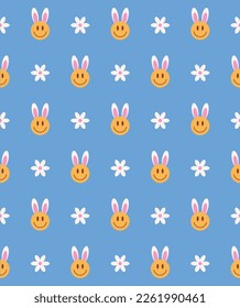 Cute Happy Easter pattern design. Fun smile face bunny and flower. Vector illustration.