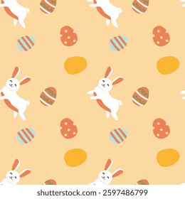 Cute happy easter patterns with bunnies and eggs for spring decoration.