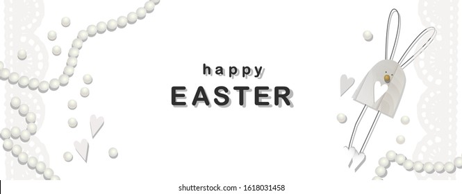 Cute Happy Easter patterns with colic, flowers, beads, and typographic design. Suitable for spring and easter cards and invitations. Vector illustration. White tender banner or advertising poster. 