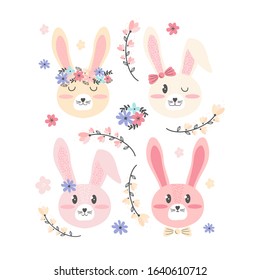 Cute happy Easter pink and yellow bunnies and flowers. Greeting card or banner in Scandinavian hand drawn style. Face close up cartoon character. Little cartoon rabbit. Vector illustration for kids