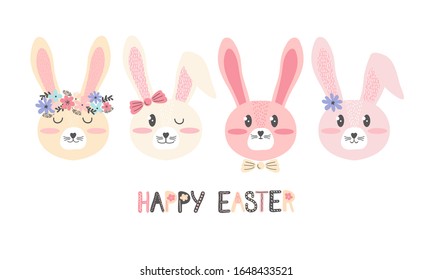 Cute happy Easter pink and yellow bunnies and flowers. Greeting card or banner in Scandinavian hand drawn style. Face close up cartoon character. Little cartoon rabbit. Vector illustration for kids