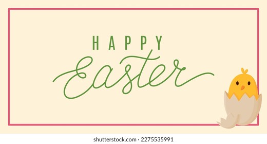 Cute Happy Easter poster or banner template with freshly hatched chick in eggshell