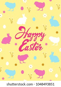 Cute happy Easter poster design with easter rabbit, chicken, egg and flowers on yellow background. Lettering gift card vector